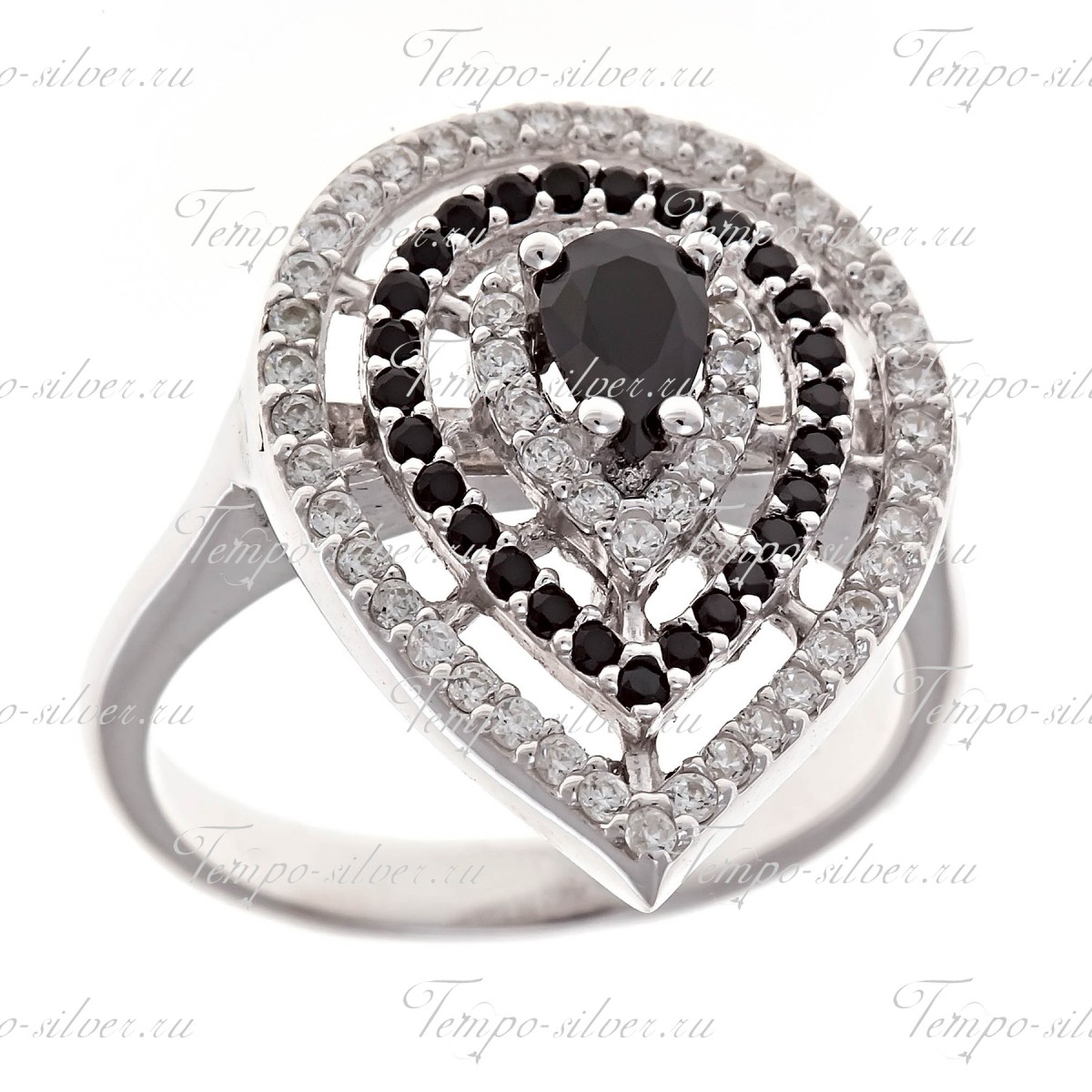 Кольцо серебряное в форме капли 3-х рядное с черными камнями цена