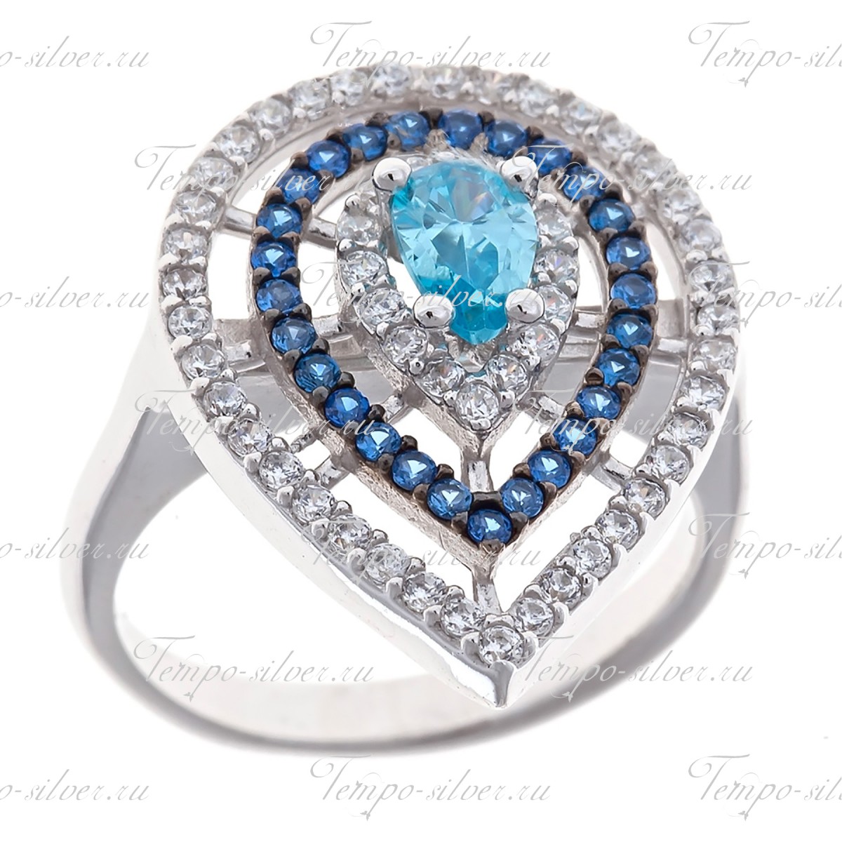 Кольцо серебряное в форме капли 3-х рядное с синими камнями цена