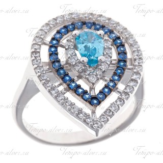Кольцо серебряное в форме капли 3-х рядное с синими камнями