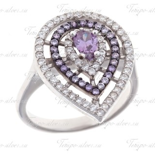 Кольцо серебряное в форме капли 3-х рядное с фиолетовыми камнями