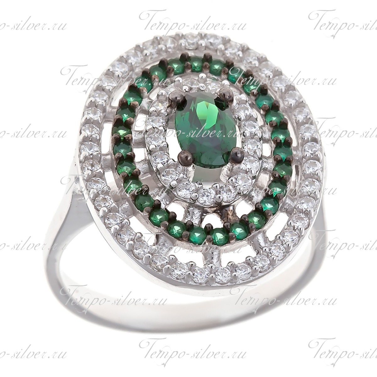 Кольцо серебряное овальное 3-х рядное с зелеными камнями