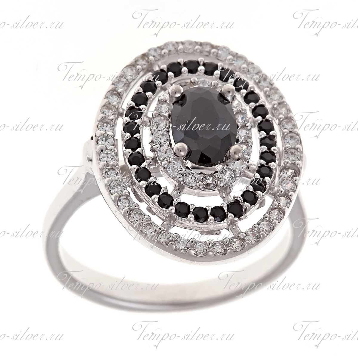 Кольцо серебряное овальное 3-х рядное с черными камнями цена