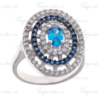 Кольцо серебряное овальное 3-х рядное с синими камнями