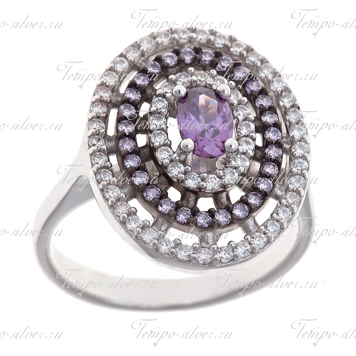 Кольцо серебряное овальное 3-х рядное с фиолетовыми камнями