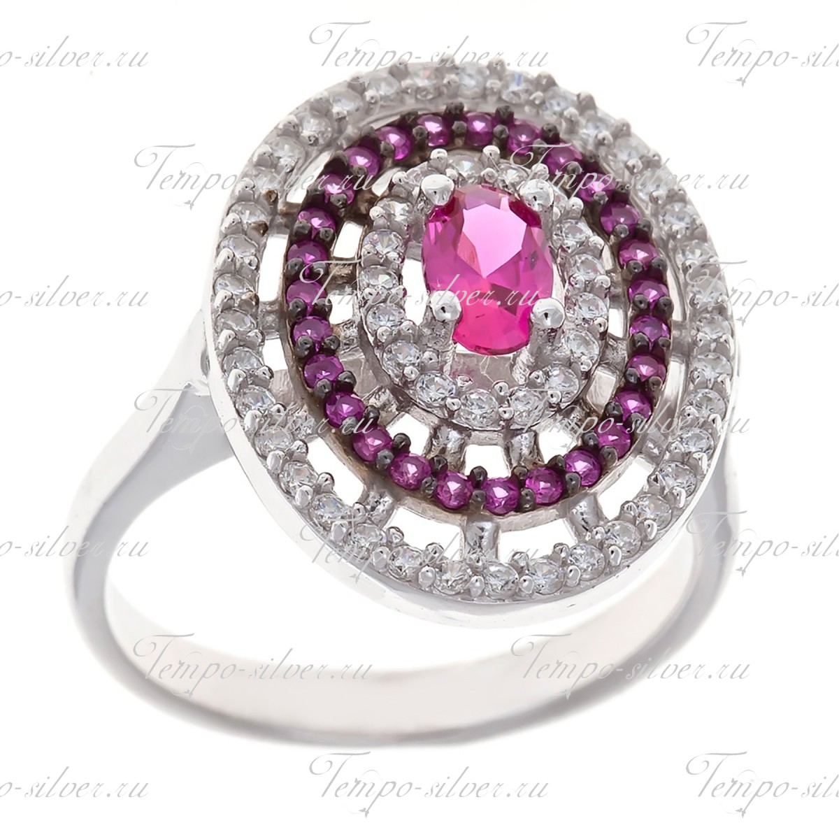 Кольцо серебряное овальное 3-х рядное с розовыми камнями
