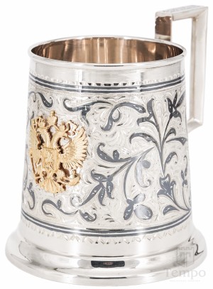 Серебряная широкая пивная кружка с позолоченным гербом «Золотой орел» на 400 мл