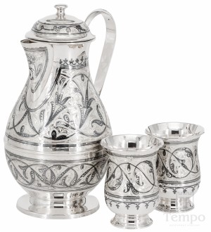 Набор из серебряного кувшина и двух стаканов-армудов «Традиционный» на 1400 мл