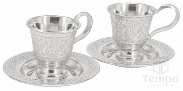 Набор из двух кофейных чашек с блюдцами из серебра 999 пробы «Плетение» по 75 мл