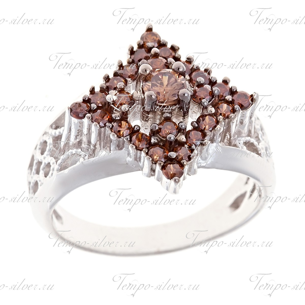 Кольцо серебряное в форме ромба с темно-красными камнями цена