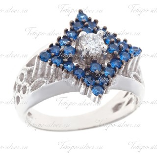 Кольцо серебряное в форме ромба с синими камнями