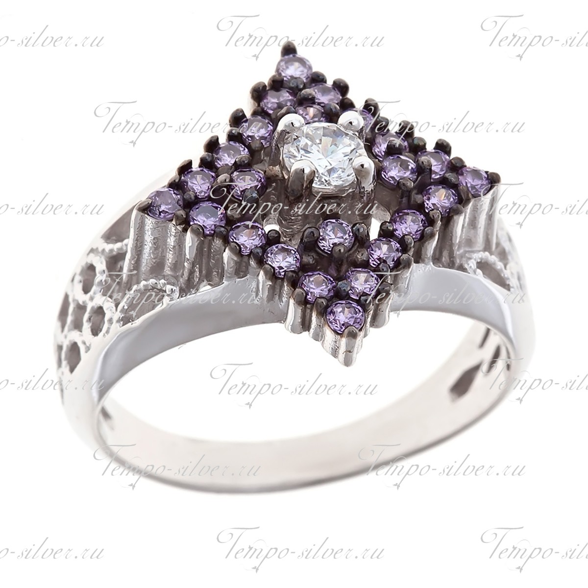 Кольцо серебряное в форме ромба с фиолетовыми камнями