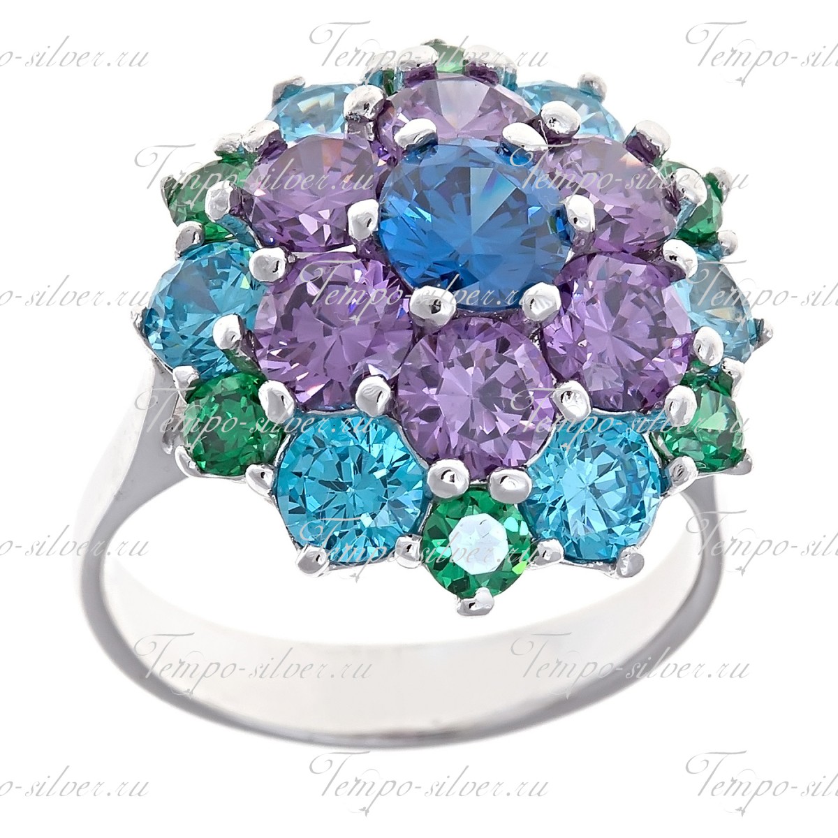 Кольцо из серебра в форме цветка с цветными камнями цена