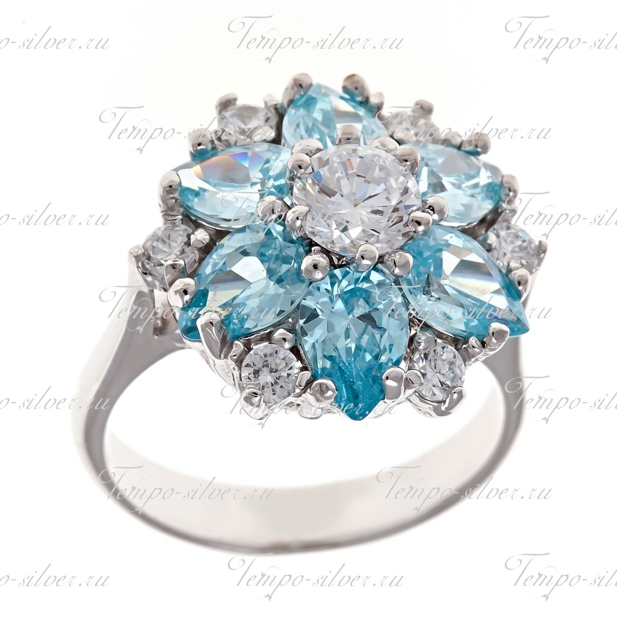 Кольцо серебряное в форме цветка с цветными камнями в форме капли цена