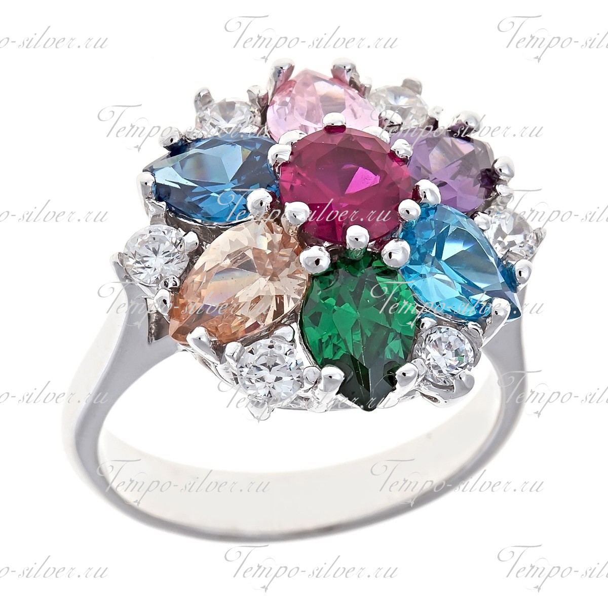 Кольцо серебряное в форме цветка с разноцветными камнями в форме капли