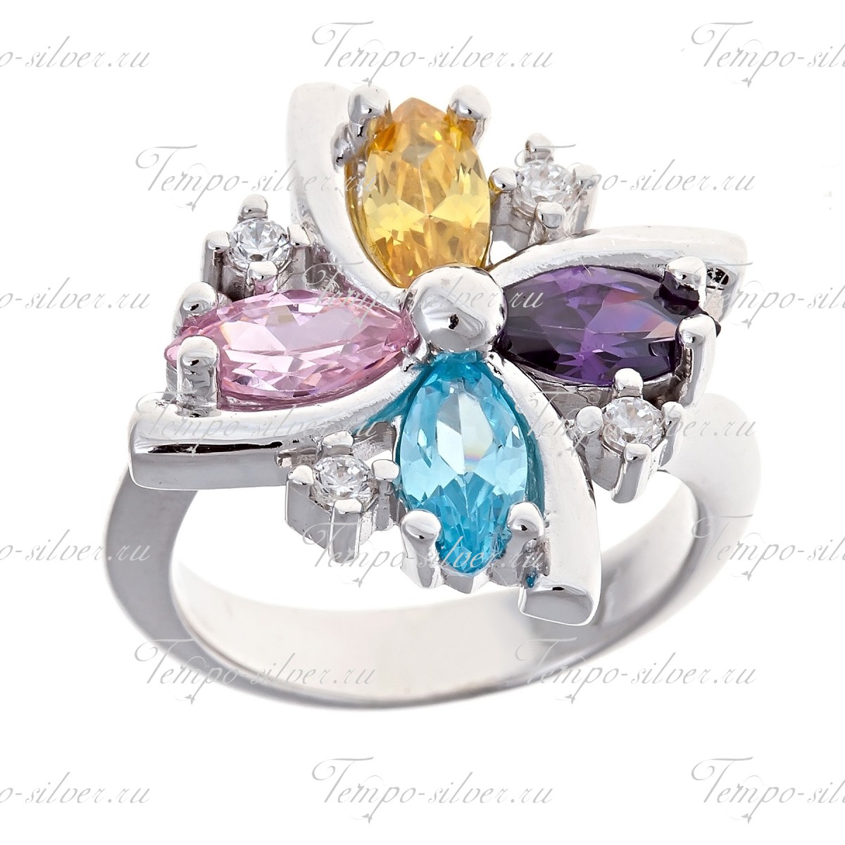 Кольцо серебряное клевер с разноцветными камнями