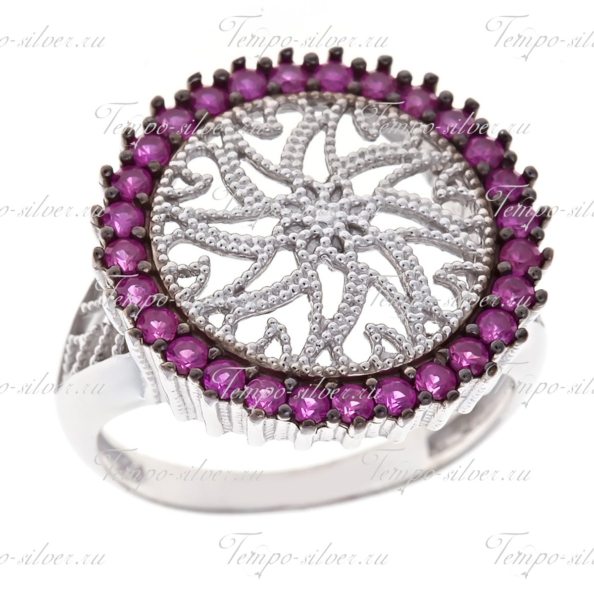 Кольцо из серебра ажурное круглой формы с розовыми камнями цена