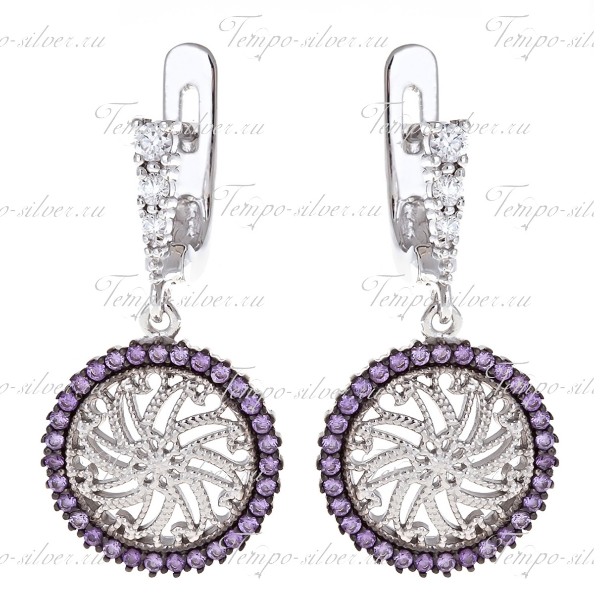 Серьги из серебра висячие ажурные круглой формы с фиолетовыми камнями цена