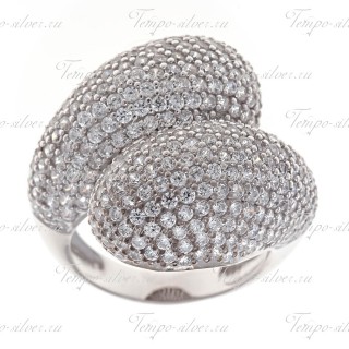 Кольцо из серебра с двумя полукругами, усыпанные белыми камнями