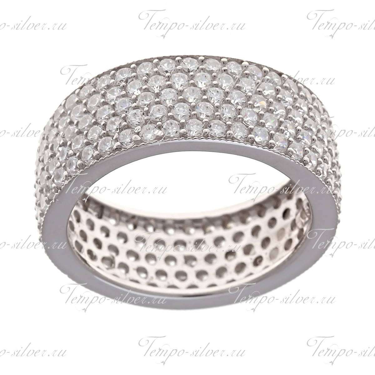 Кольцо из серебра обручальной формы, украшенное пятью рядами белых камней цена