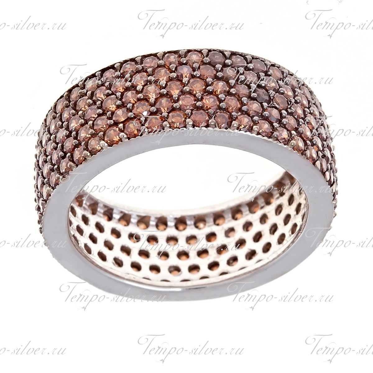 Кольцо из серебра обручальной формы, украшенное пятью рядами бледно-коричневых камней цена