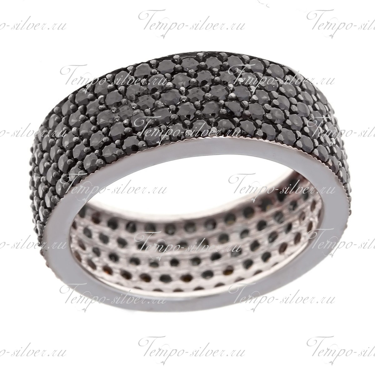 Кольцо из серебра обручальной формы, украшенное пятью рядами черных камней цена