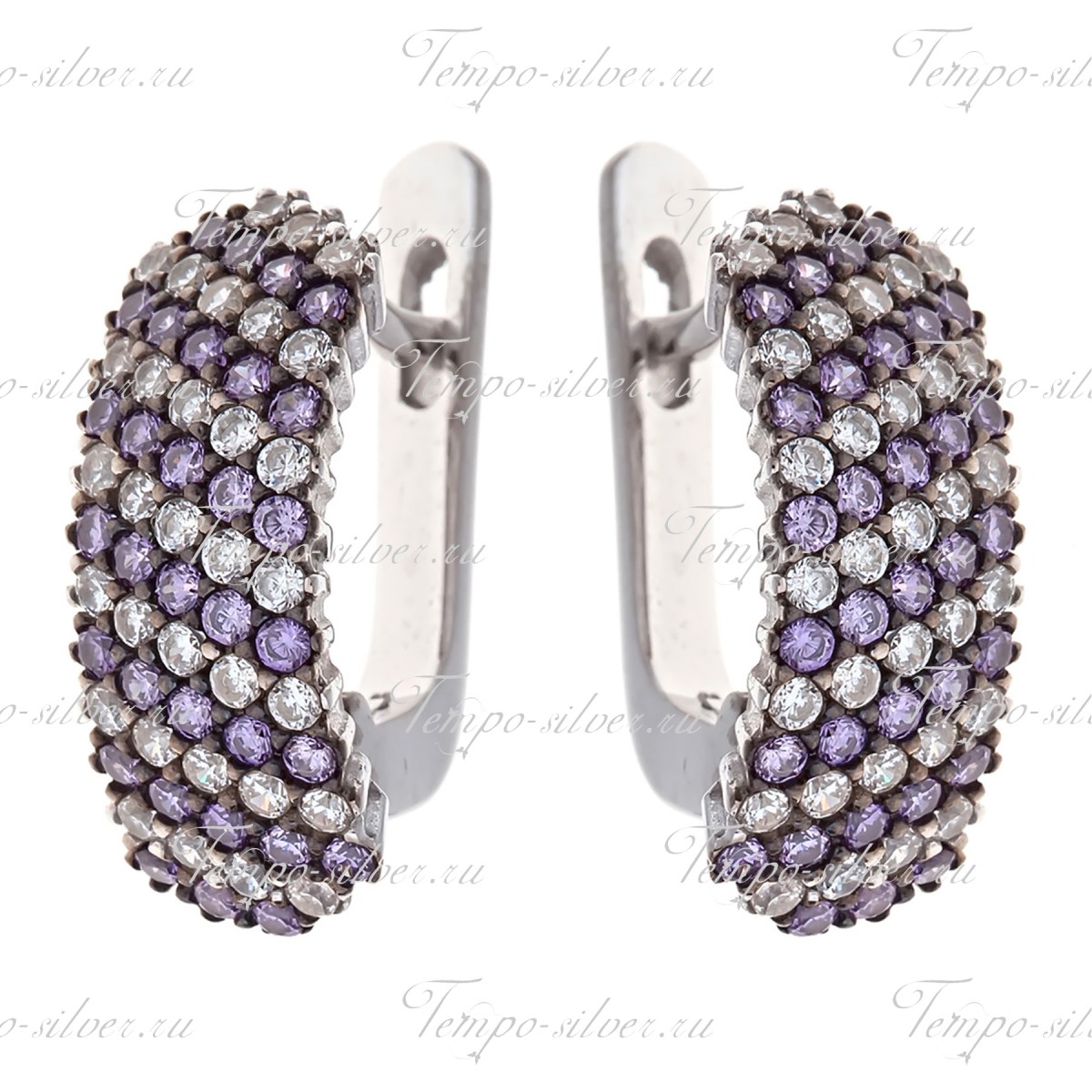 Серьги из серебра, украшенные чередующимися белыми и фиолетовыми куб.циркониями цена