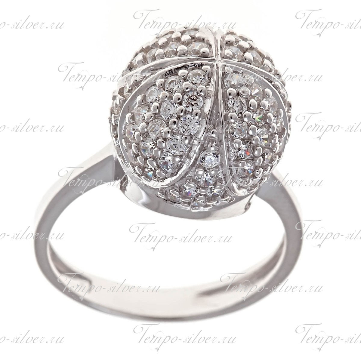 Кольцо из серебра с выпуклым шаром в форме короны, усыпанной камнями цена