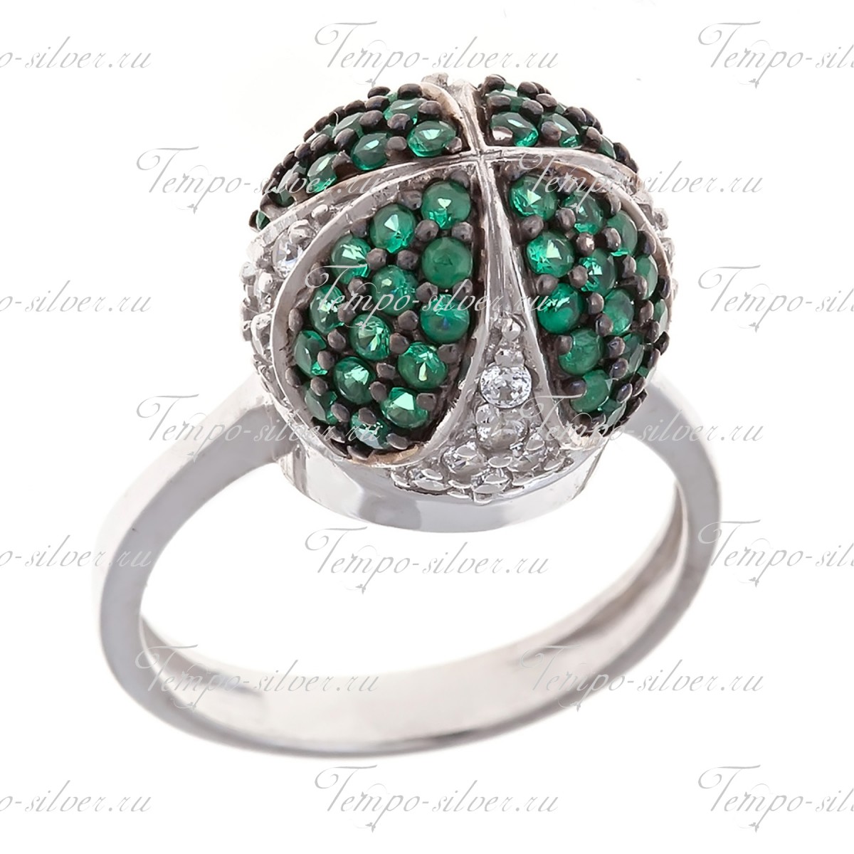 Кольцо из серебра с выпуклым шаром в форме короны, усыпанной белыми и зелеными камнями цена
