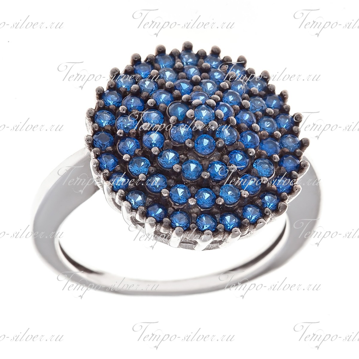 Кольцо из серебра круглой формы с синими куб.циркониями цена