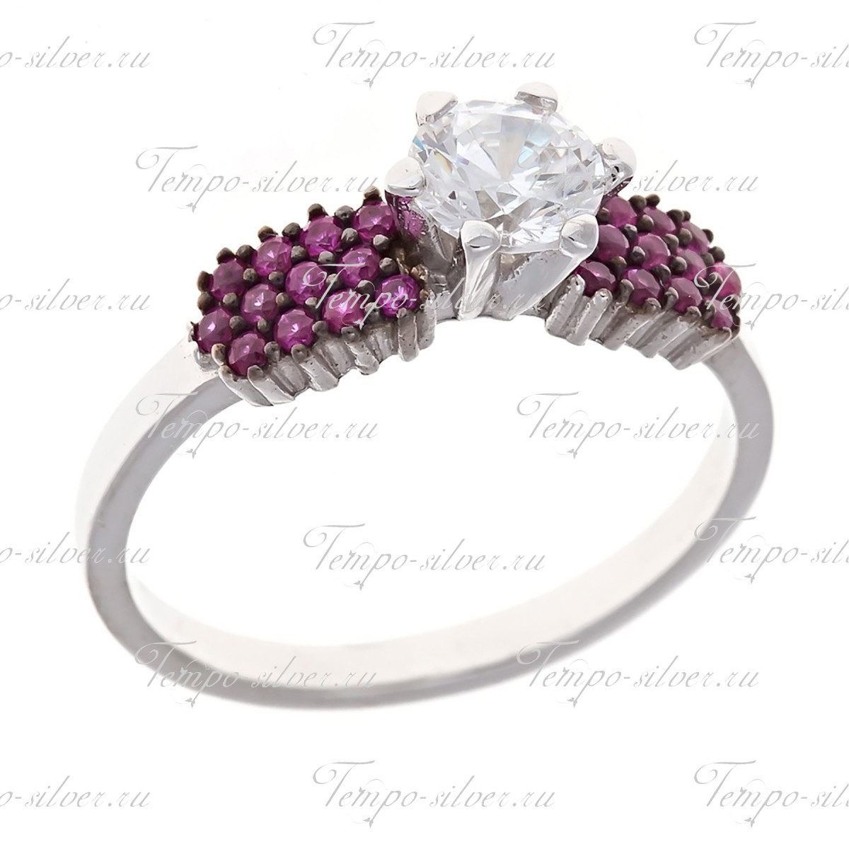 Кольцо из серебра с крупным белым камнем и тремя рядами розовых камней цена