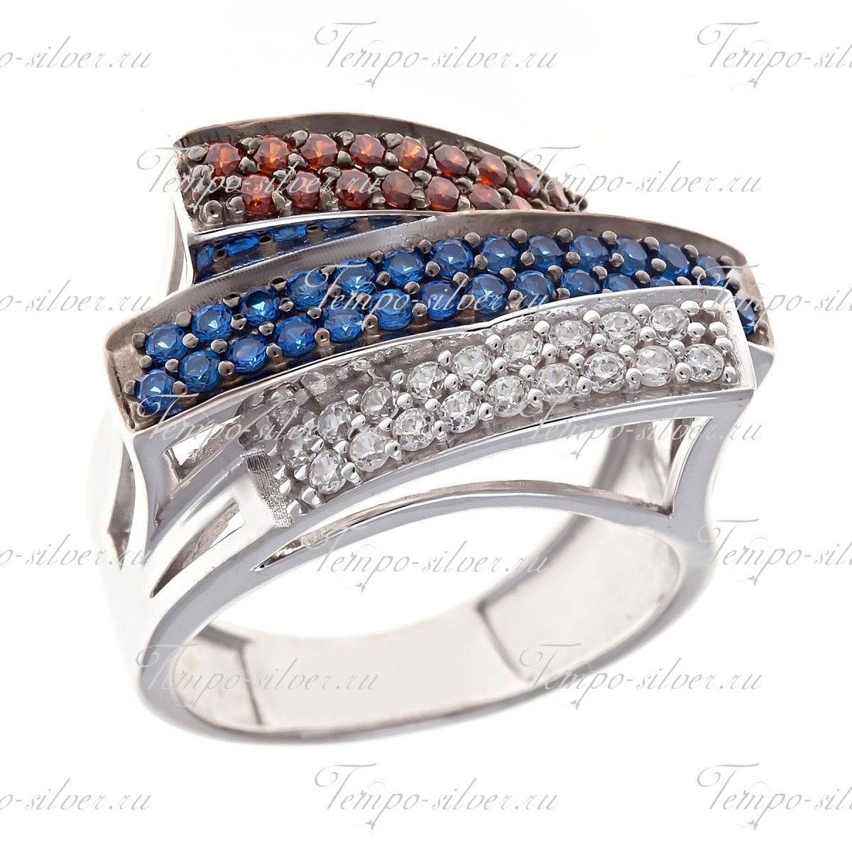 Кольцо из серебра трехярусное с красными, синими и белыми камнями цена