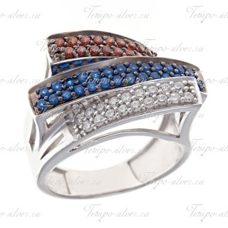 Кольцо из серебра трехярусное с красными, синими и белыми камнями