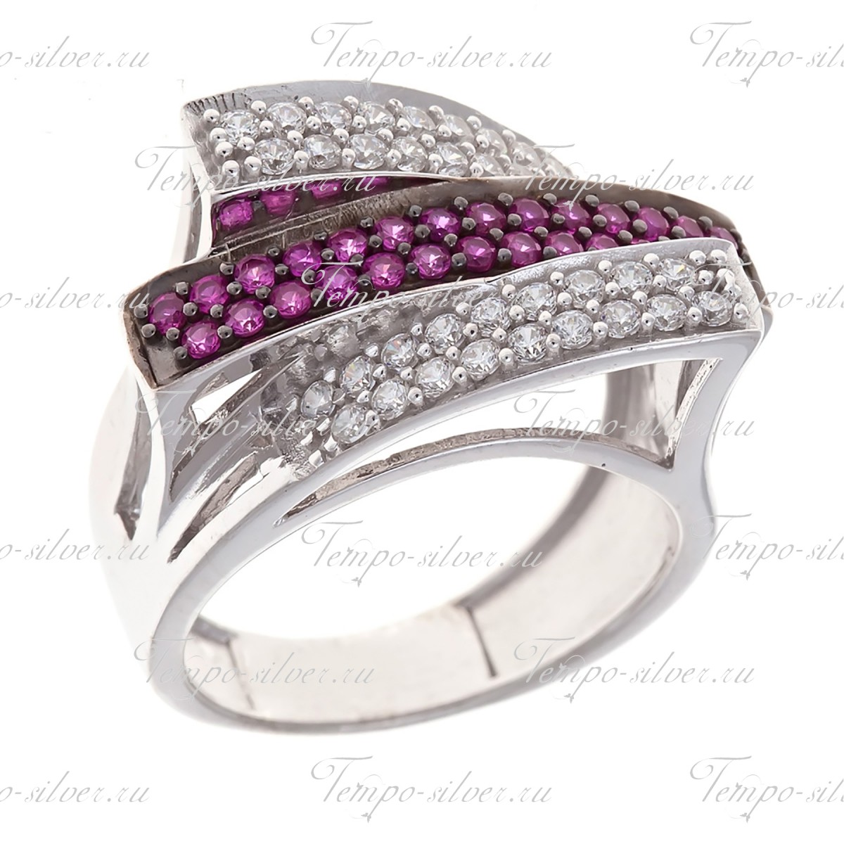 Кольцо из серебра трехярусное с розовыми и белыми камнями цена
