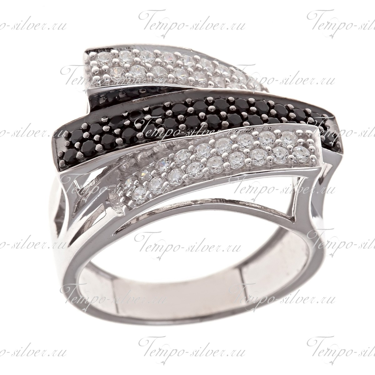 Кольцо из серебра трехярусное с черными и белыми камнями цена