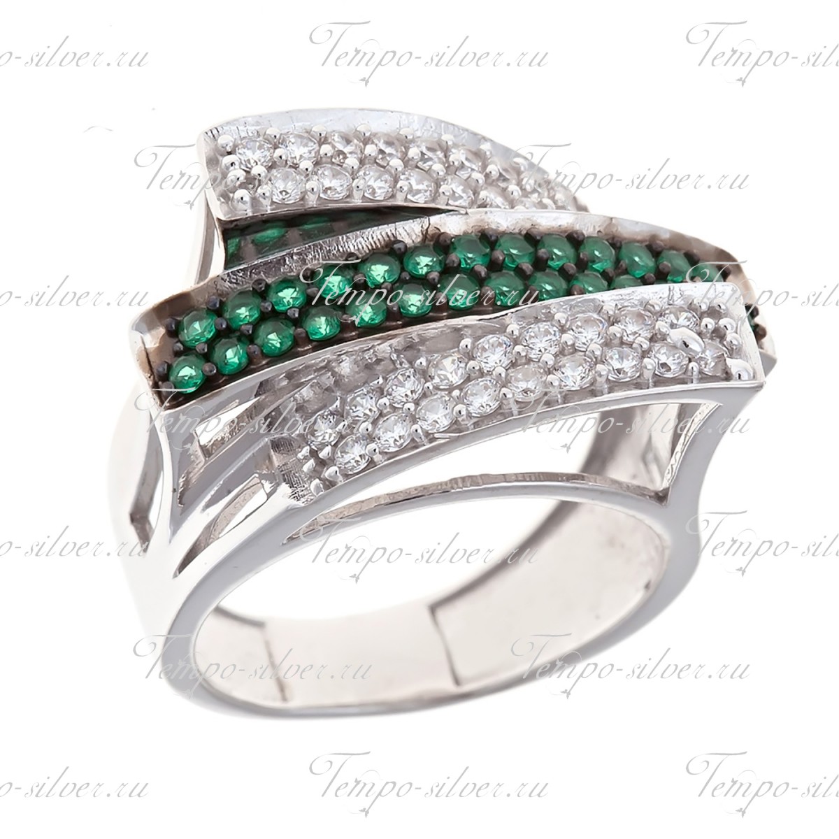 Кольцо из серебра трехярусное с зелеными и белыми камнями