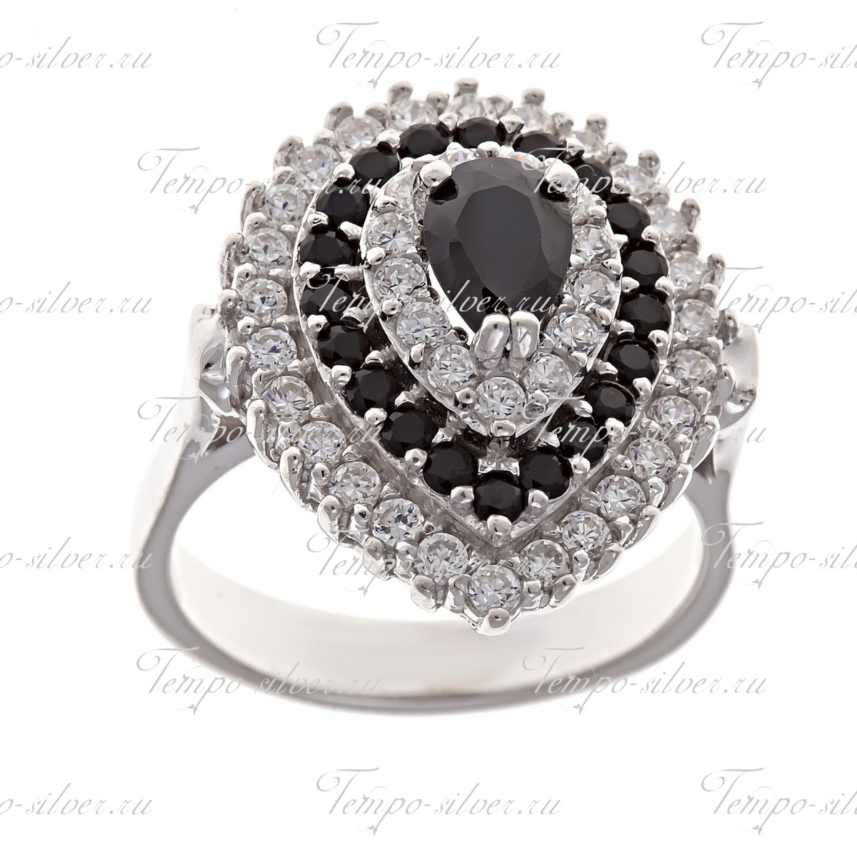 Кольцо серебряное каплевидной формы с чередующимися черно-белыми камнями