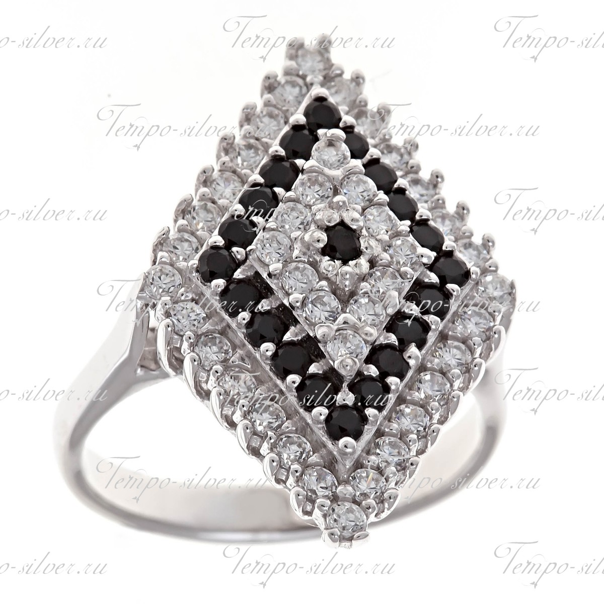 Кольцо из серебра ромбовидной формы с черно-белыми камнями цена