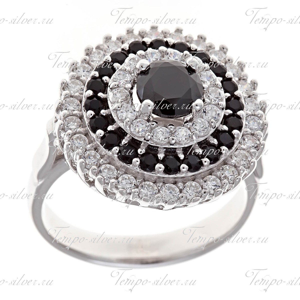 Кольцо из серебра  круглой формы с черно-белыми камнями цена