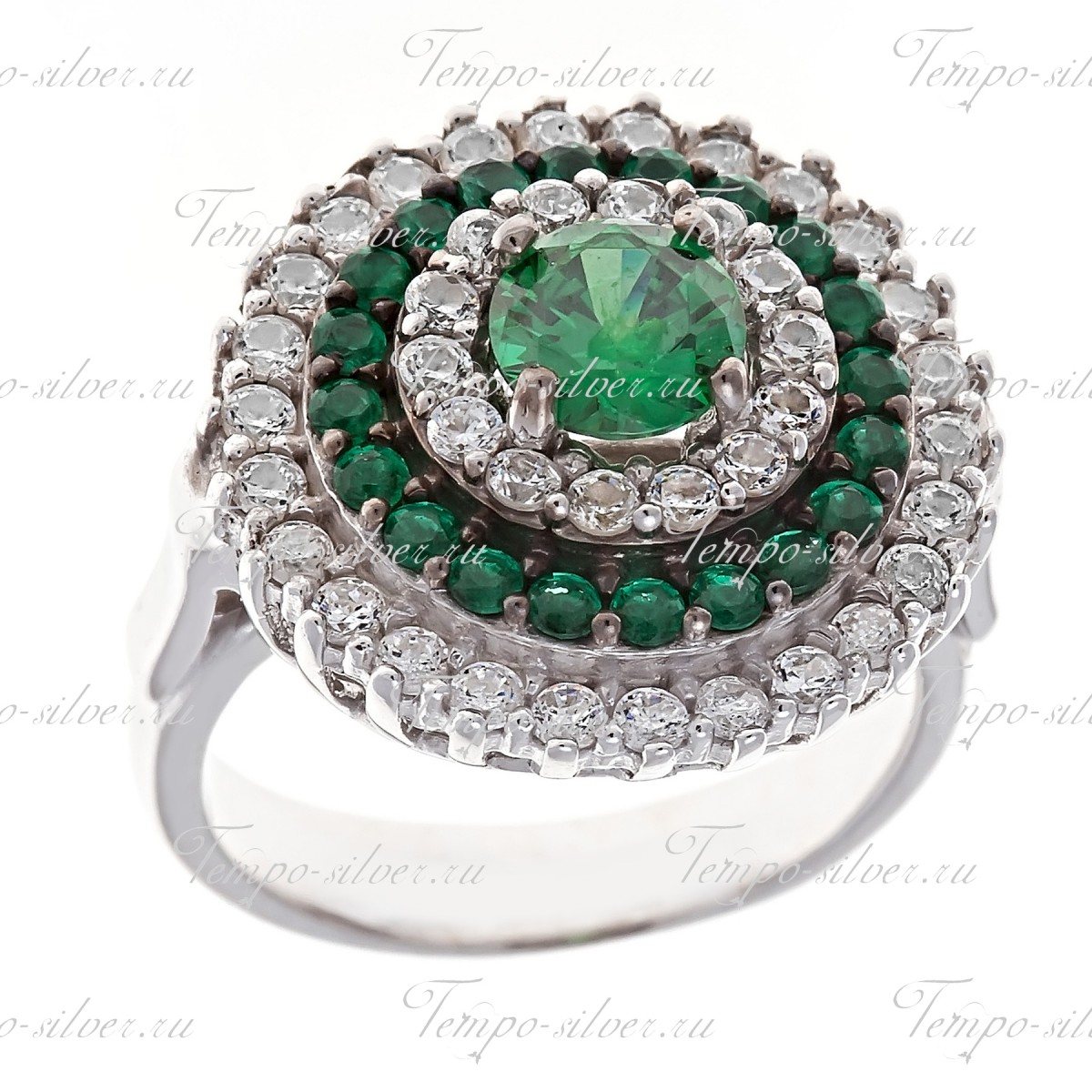 Кольцо из серебра круглой формы с белыми и зелеными камнями