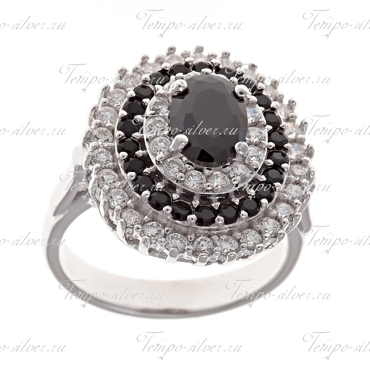 Кольцо из серебра овальной формы с черно-белыми камнями цена