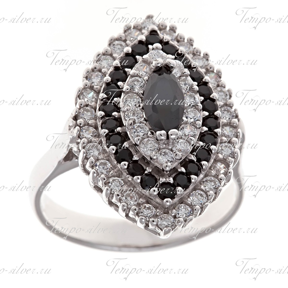 Кольцо из серебра удлиненной каплевидной формы с черно-белыми камнями цена