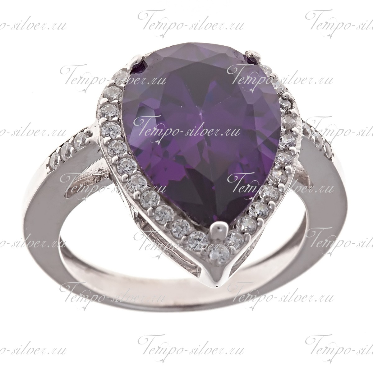 Кольцо из серебра с крупным фиолетовым камнем каплевидной формы, окруженный белыми камнями цена
