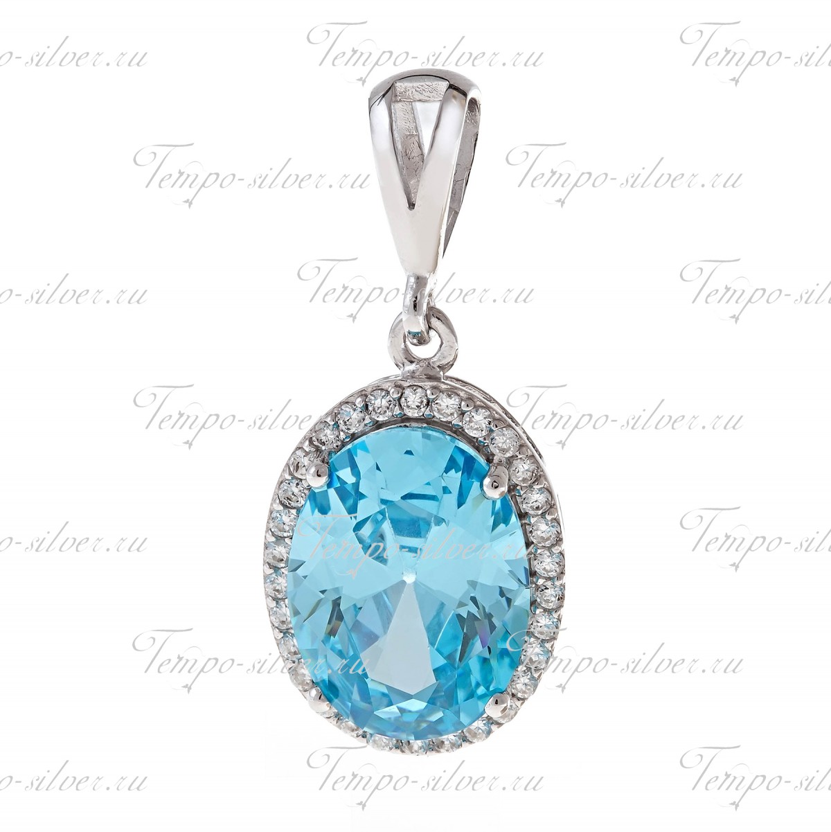 Подвеска из серебра с крупным голубым камнем овальной формы, окруженный россыпью белых камней цена