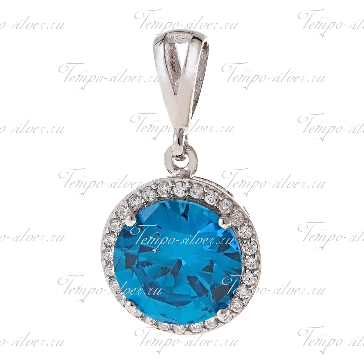 Подвеска из серебра с крупным голубым камнем круглой формы, окруженный россыпью белых камней цена