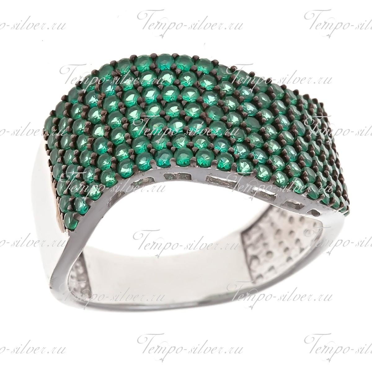 Кольцо из серебра волнообразной формы с зелеными камнями в семь рядов. цена