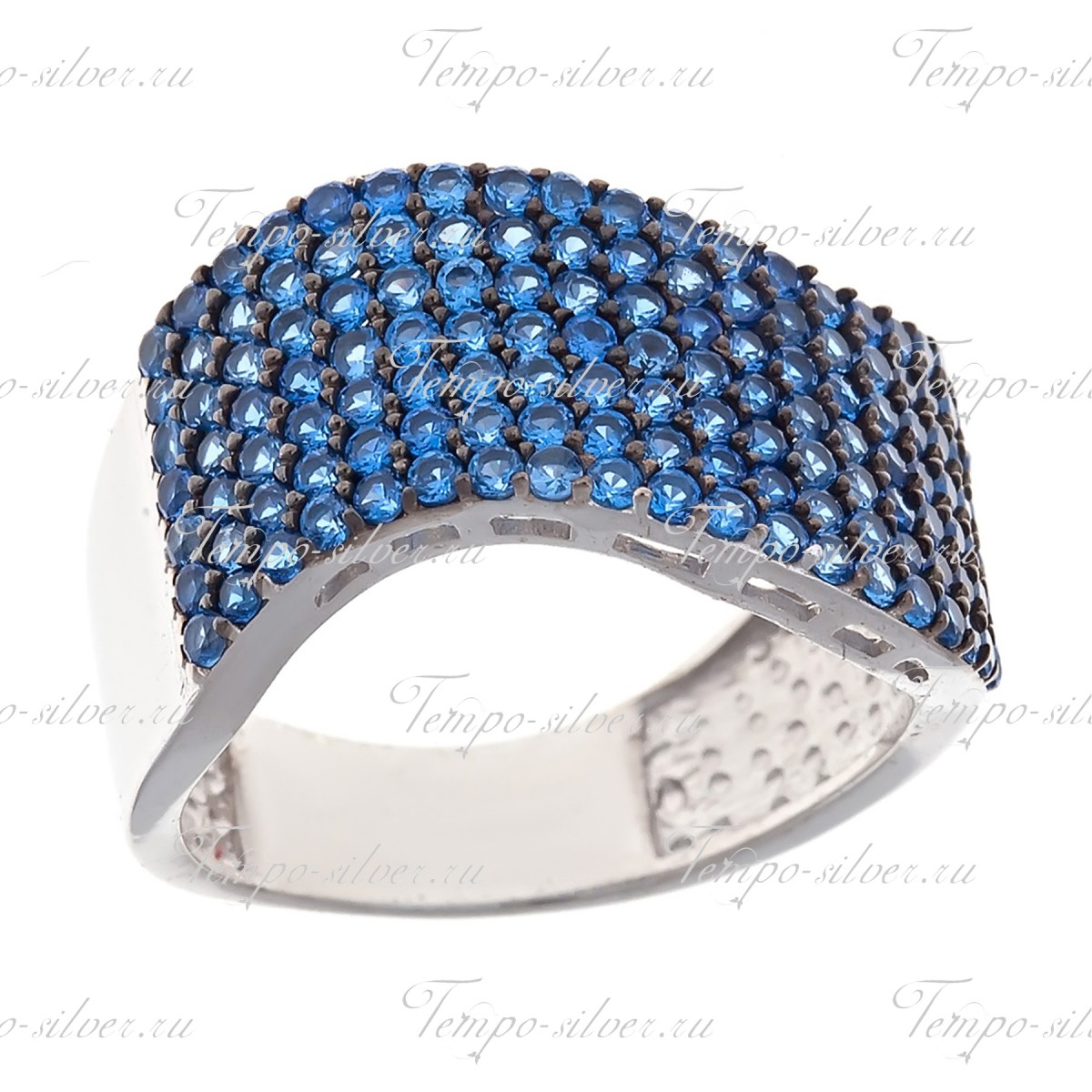 Кольцо из серебра волнообразной формы с синими куб.циркониями цена