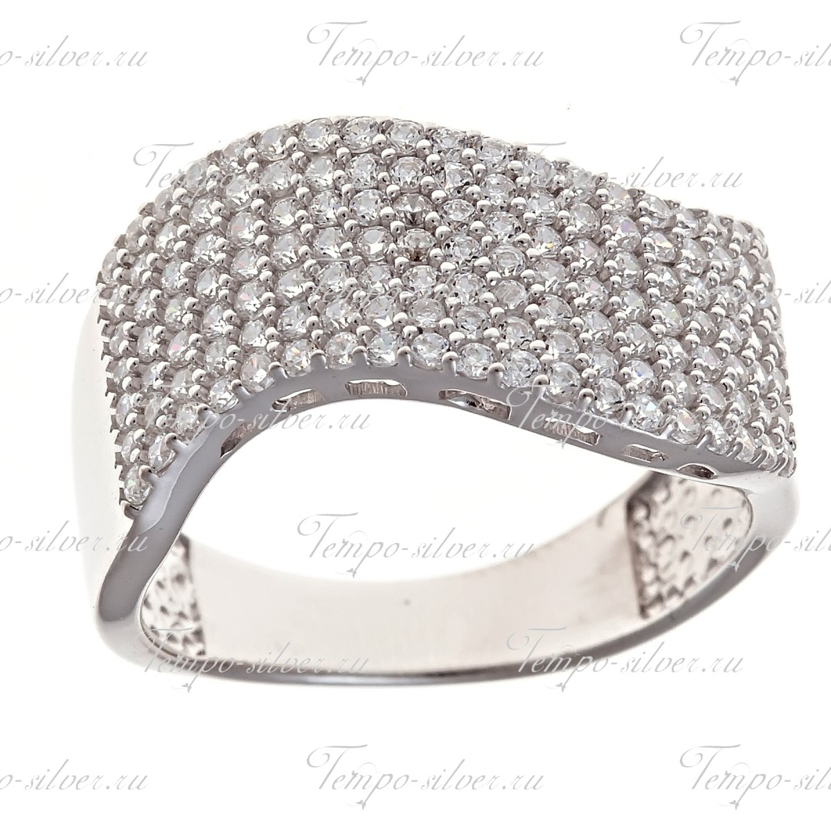 Кольцо из серебра волнообразной формы с белыми куб.циркониями в семь рядов  цена