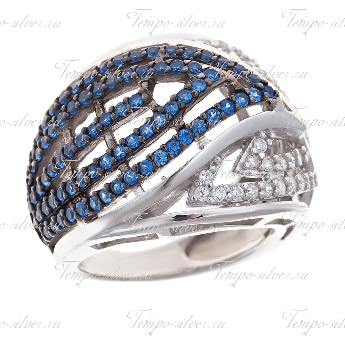 Кольцо из серебра с кривыми линиями из синих и белых камней цена