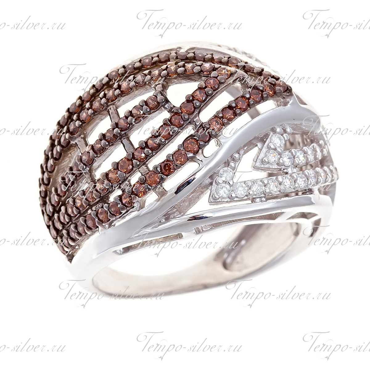 Кольцо обручального типа из серебра с кривыми линиями из белых и коричневых камней.