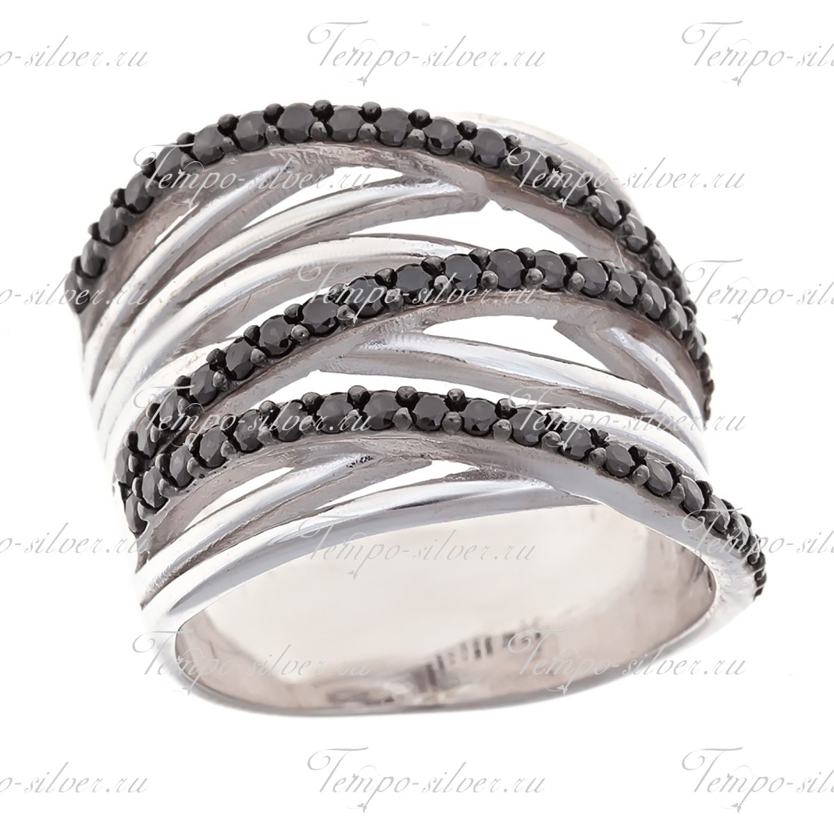 Кольцо из серебра многослойное с пересекающимися полосами из черных камней цена